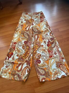SHEIN Wide Leg Paisley Print Pants - Orange, Cream, Burgundy